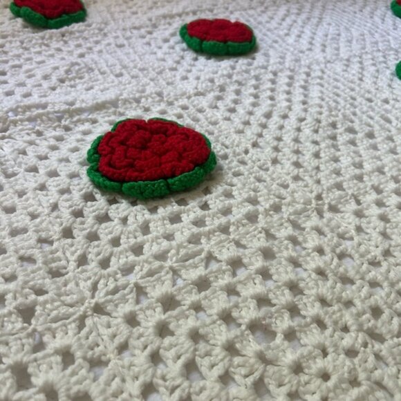 Vintage Boho Crochet Blanket with Red and Green Floral Rose Accents 104 inchX93 - Picture 16 of 16